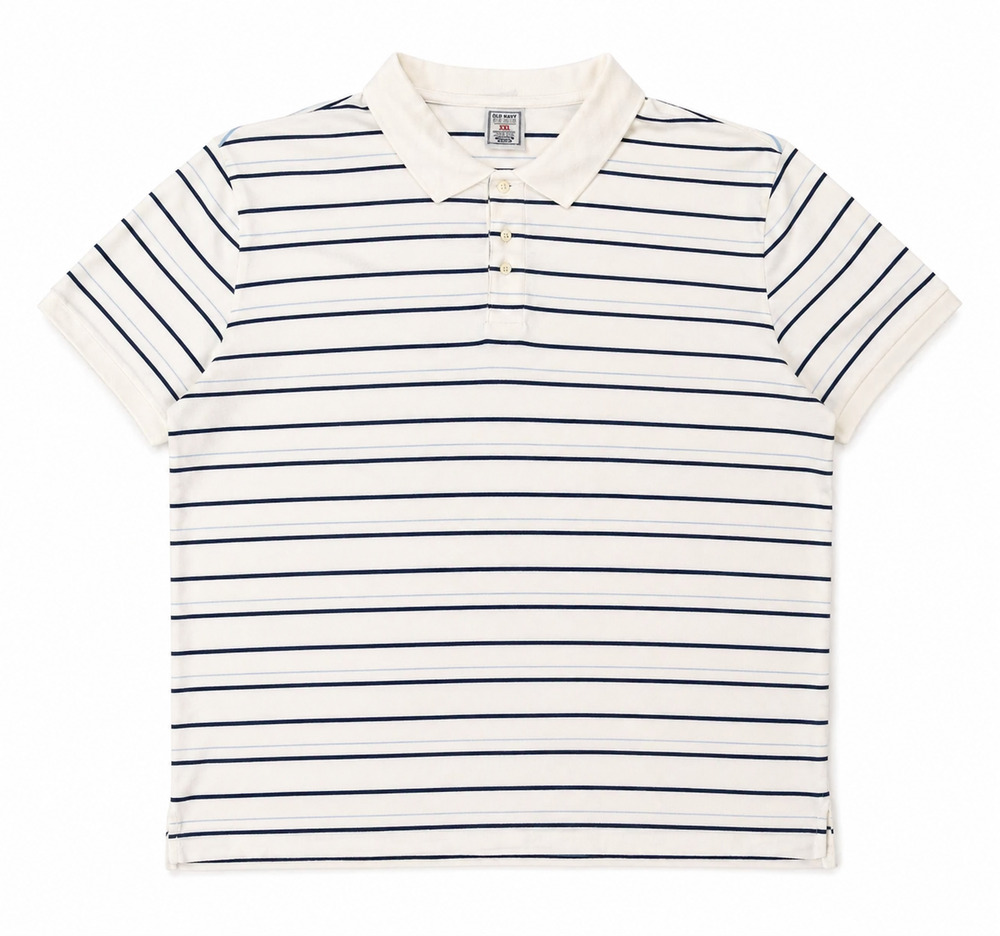 Old Navy Mens Polo Shirt XXL 100% Cotton White Blue Striped Short Sleeve Classic